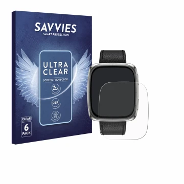 Face avant d’un emballage produit avec le logo de la marque Savvies. À côté, l’appareil Amazfit Active 2 (rectangulaire) est r