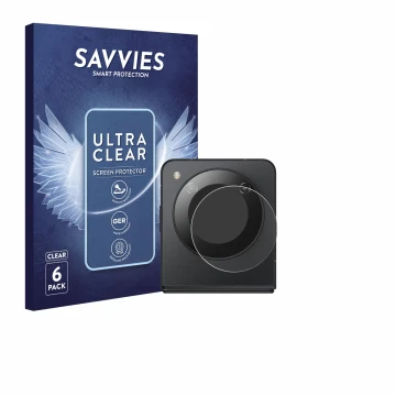 Face avant d’un emballage produit avec le logo de la marque Savvies. À côté, l’appareil Nubia Flip 5G (Caméra UNIQUEMENT) est 