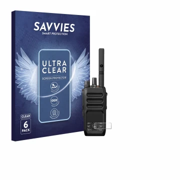 Face avant d’un emballage produit avec le logo de la marque Savvies. À côté, l’appareil Motorola MOTOTRBO R5 est représenté av