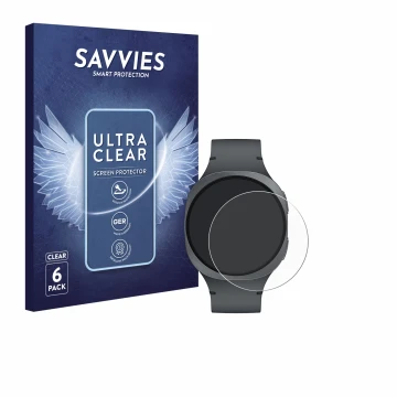 Face avant d’un emballage produit avec le logo de la marque Savvies. À côté, l’appareil Samsung Galaxy Watch 8 (40 mm) est rep