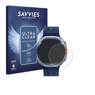 Face avant d’un emballage produit avec le logo de la marque Savvies. À côté, l’appareil Samsung Galaxy Watch Ultra 2 (47 mm) e