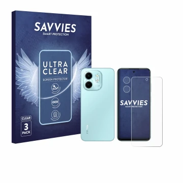 Face avant d’un emballage produit avec le logo de la marque Savvies. À côté, l’appareil Infinix Smart 9 (Avant+Caméra) est rep