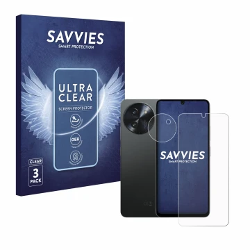 Face avant d’un emballage produit avec le logo de la marque Savvies. À côté, l’appareil Doogee Note 59 Pro Plus (Avant+Caméra)