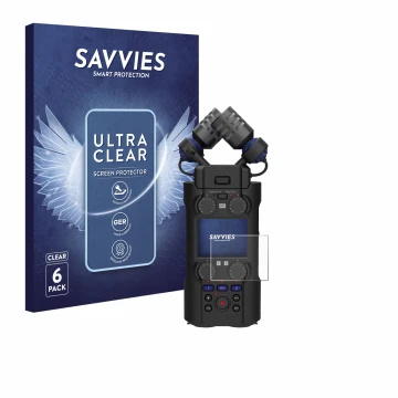 Face avant d’un emballage produit avec le logo de la marque Savvies. À côté, l’appareil Zoom H5 Studio est représenté avec la 
