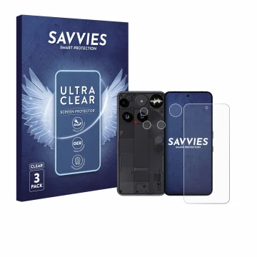 Face avant d’un emballage produit avec le logo de la marque Savvies. À côté, l’appareil Nothing Phone (3) (Avant+Caméra) est r