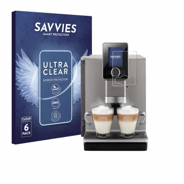 Face avant d’un emballage produit avec le logo de la marque Savvies. À côté, l’appareil Nivona NICR 930 CafeRomatica est repré