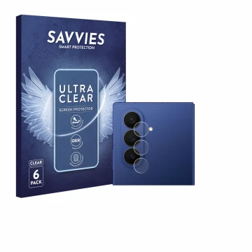 Face avant d’un emballage produit avec le logo de la marque Savvies. À côté, l’appareil Samsung Galaxy Z Fold 7 (Caméra UNIQUE