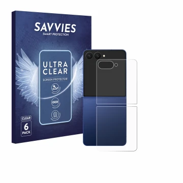 Face avant d’un emballage produit avec le logo de la marque Savvies. À côté, l’appareil Samsung Galaxy Z Flip 7 (Arrière) est 