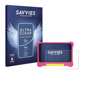 Face avant d’un emballage produit avec le logo de la marque Savvies. À côté, l’appareil Happybe Kids Tablet 7