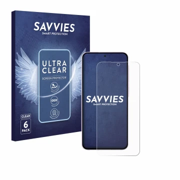 Face avant d’un emballage produit avec le logo de la marque Savvies. À côté, l’appareil Samsung Galaxy A56 5G (case-friendly) 