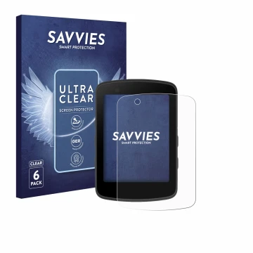 Face avant d’un emballage produit avec le logo de la marque Savvies. À côté, l’appareil Bryton Rider 650 est représenté avec l