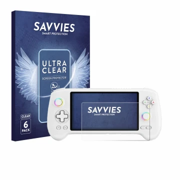 Face avant d’un emballage produit avec le logo de la marque Savvies. À côté, l’appareil Anbernic RG556 est représenté avec la 