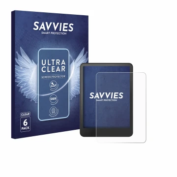 Face avant d’un emballage produit avec le logo de la marque Savvies. À côté, l’appareil Amazon Kindle Colorsoft est représenté