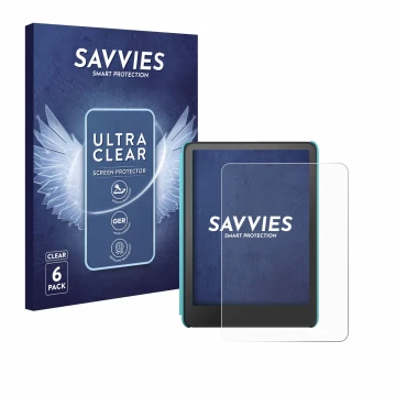 Face avant d’un emballage produit avec le logo de la marque Savvies. À côté, l’appareil Amazon Kindle Colorsoft Kids est repré
