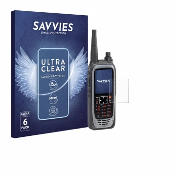 Face avant d’un emballage produit avec le logo de la marque Savvies. À côté, l’appareil Icom IC-A25NE /IC-A25CE est représenté