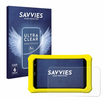 Face avant d’un emballage produit avec le logo de la marque Savvies. À côté, l’appareil Clementoni Clempad 8