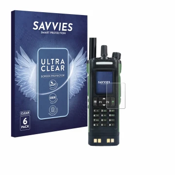 Face avant d’un emballage produit avec le logo de la marque Savvies. À côté, l’appareil Baofeng DM-32 est représenté avec la p