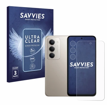 Face avant d’un emballage produit avec le logo de la marque Savvies. À côté, l’appareil Xiaomi Redmi 15 (Avant+Caméra) est rep