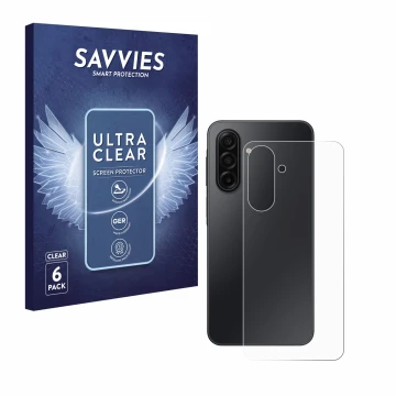 Face avant d’un emballage produit avec le logo de la marque Savvies. À côté, l’appareil Samsung Galaxy A17 5G (Arrière) est re