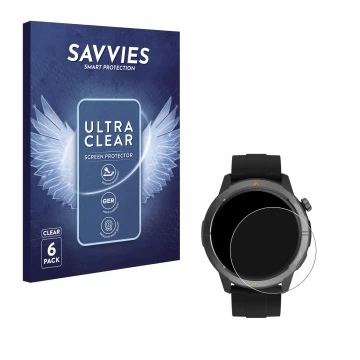Face avant d’un emballage produit avec le logo de la marque Savvies. À côté, l’appareil AGM Legion Watch 1.43