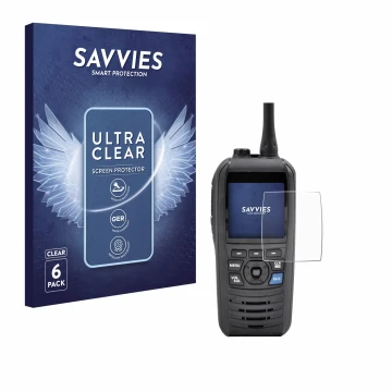 Face avant d’un emballage produit avec le logo de la marque Savvies. À côté, l’appareil Icom IC-M94D est représenté avec la pr