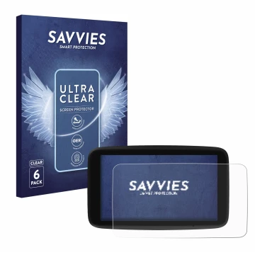 Face avant d’un emballage produit avec le logo de la marque Savvies. À côté, l’appareil TomTom GO Classic 5