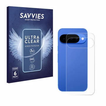Face avant d’un emballage produit avec le logo de la marque Savvies. À côté, l’appareil Google Pixel 10 (Arrière) est représen