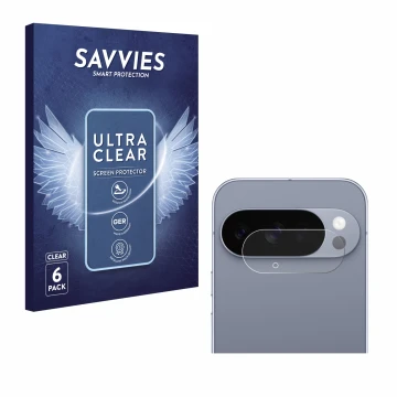 Face avant d’un emballage produit avec le logo de la marque Savvies. À côté, l’appareil Google Pixel 10 Pro (Caméra UNIQUEMENT