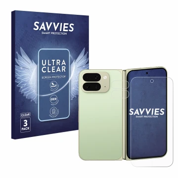 Face avant d’un emballage produit avec le logo de la marque Savvies. À côté, l’appareil Google Pixel 10 Pro Fold (Avant+Caméra