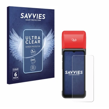 Face avant d’un emballage produit avec le logo de la marque Savvies. À côté, l’appareil iMin Swift 2 Pro est représenté avec l
