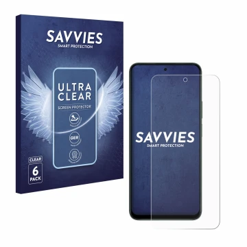 Face avant d’un emballage produit avec le logo de la marque Savvies. À côté, l’appareil Honor X7d 5G est représenté avec la pr