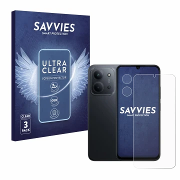 Face avant d’un emballage produit avec le logo de la marque Savvies. À côté, l’appareil Xiaomi Redmi 15C (Avant+Caméra) est re