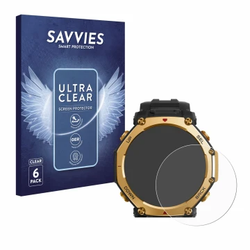 Face avant d’un emballage produit avec le logo de la marque Savvies. À côté, l’appareil Huami Amazfit T-Rex 3 Pro (48 mm) est 
