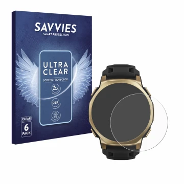 Face avant d’un emballage produit avec le logo de la marque Savvies. À côté, l’appareil Huami Amazfit T-Rex 3 Pro (44 mm) est 