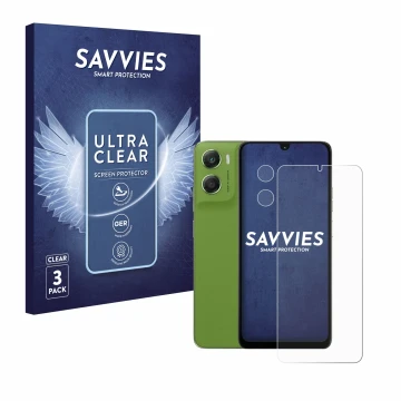 Face avant d’un emballage produit avec le logo de la marque Savvies. À côté, l’appareil Motorola Moto G06 Power (Avant+Caméra)