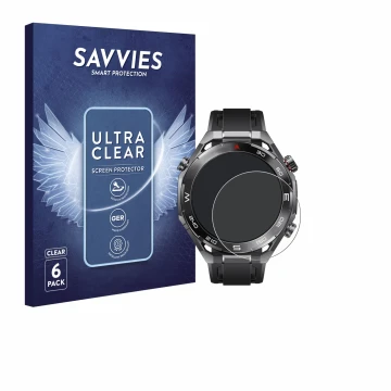 Face avant d’un emballage produit avec le logo de la marque Savvies. À côté, l’appareil Huawei Watch Ultimate 2 Black est repr