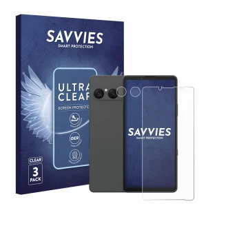 Face avant d’un emballage produit avec le logo de la marque Savvies. À côté, l’appareil Sony Xperia 10 VII (Avant+Caméra) est 