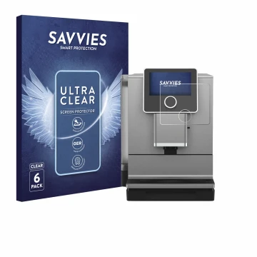 Face avant d’un emballage produit avec le logo de la marque Savvies. À côté, l’appareil Nivona NICR 970 est représenté avec la