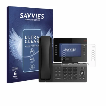 Face avant d’un emballage produit avec le logo de la marque Savvies. À côté, l’appareil Snom D865 est représenté avec la prote