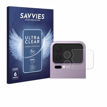 Face avant d’un emballage produit avec le logo de la marque Savvies. À côté, l’appareil Xiaomi 17 Pro Max (Caméra UNIQUEMENT) 