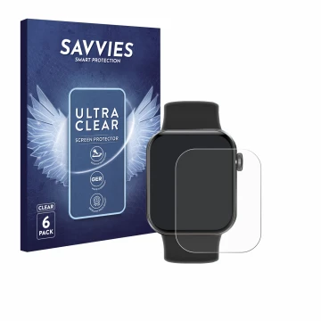 Face avant d’un emballage produit avec le logo de la marque Savvies. À côté, l’appareil Aseeyirj Smartwatch 1.85