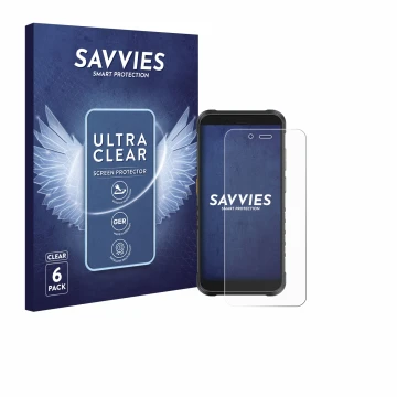 Face avant d’un emballage produit avec le logo de la marque Savvies. À côté, l’appareil Ulefone RugKing est représenté avec la