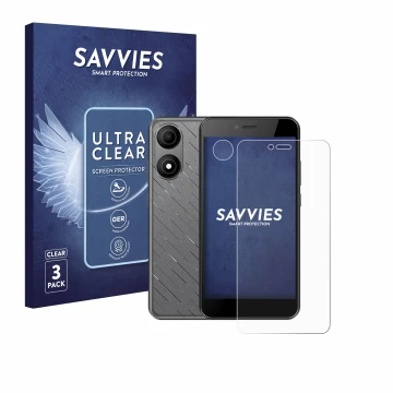 Face avant d’un emballage produit avec le logo de la marque Savvies. À côté, l’appareil HTC Wildfire E5 Life (Avant+Caméra) es