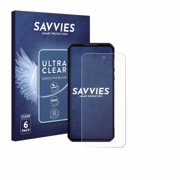 Face avant d’un emballage produit avec le logo de la marque Savvies. À côté, l’appareil Oukitel WP60 est représenté avec la pr