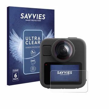 Face avant d’un emballage produit avec le logo de la marque Savvies. À côté, l’appareil GoPro Max 2 est représenté avec la pro