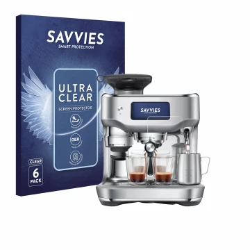 Face avant d’un emballage produit avec le logo de la marque Savvies. À côté, l’appareil Sage the Oracle Dual Boiler est représ