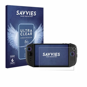 Face avant d’un emballage produit avec le logo de la marque Savvies. À côté, l’appareil Lenovo Legion Go Gen 2 est représenté 