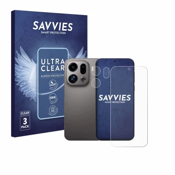 Face avant d’un emballage produit avec le logo de la marque Savvies. À côté, l’appareil Oppo Find X9 (Avant+Caméra) est représ