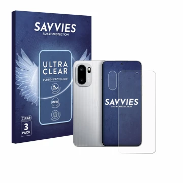 Face avant d’un emballage produit avec le logo de la marque Savvies. À côté, l’appareil OnePlus Ace 6 (Avant+Caméra) est repré