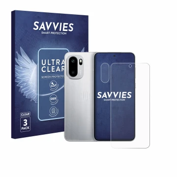 Face avant d’un emballage produit avec le logo de la marque Savvies. À côté, l’appareil OnePlus 15R (Avant+Caméra) est représe